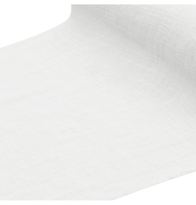 The image shows a white washed cotton tablecloth measuring 125cm x 240cm, displayed on a table in a minimalistic setting.