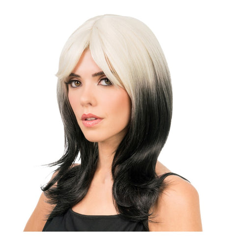 The image shows a black and white wig styled in a short, straight cut, likely intended for costume or party use.