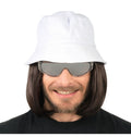 The image shows a party wig featuring long black hair with a white bob-style hat or cap on top, likely intended as a costume accessory.