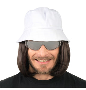The image shows a party wig featuring long black hair with a white bob-style hat or cap on top, likely intended as a costume accessory.