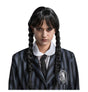 The image shows an adult wearing a black braided wig styled to resemble Wednesday Addams from the Addams Family, with a dark outfit and a white collar, evoking a classic Halloween or costume party theme.