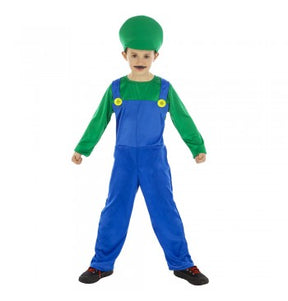 The image shows a child dressed in a green plumber costume, which includes a green cap and green overalls with a yellow shirt underneath, suitable for a party or costume event.