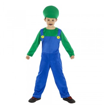 The image shows a child dressed in a green plumber costume, which includes a green cap and green overalls with a yellow shirt underneath, suitable for a party or costume event.
