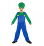 The image shows a child dressed in a green plumber costume, which includes a green cap and green overalls with a yellow shirt underneath, suitable for a party or costume event.