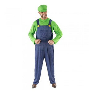 The image shows a three-piece red plumber costume set, which includes a red cap, a red shirt with blue overalls, and white gloves, designed for party or costume events.