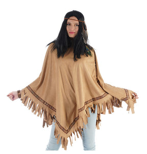 The image shows a person wearing a Native American-inspired poncho costume, featuring traditional patterns and fringe details, suitable for a themed party or costume event.