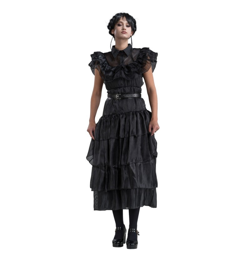 The image shows a black ball gown costume inspired by the character Wednesday Addams, suitable for a party or themed event.