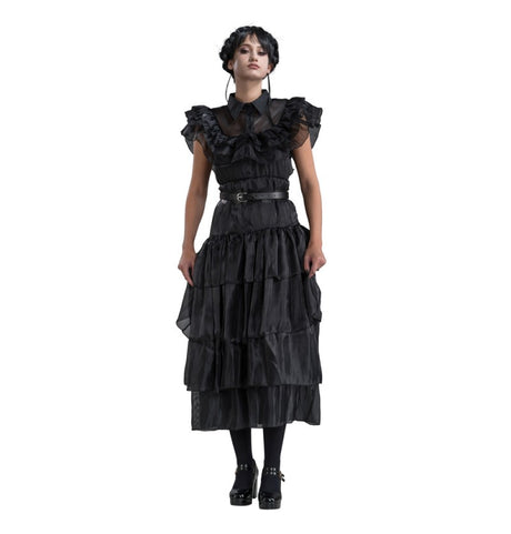 The image shows a black ball gown costume inspired by the character Wednesday Addams, suitable for a party or themed event.