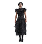 The image shows a black ball gown costume inspired by the character Wednesday Addams, suitable for a party or themed event.