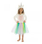 The image shows a child's unicorn-themed costume dress, primarily white with colorful accents, designed for parties or dress-up events.