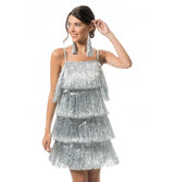 The image shows a silver, fringed, shimmering dress designed for party or festive occasions.