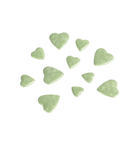 The image shows a sachet containing 3D heart-shaped decorations in sage green color, with sizes of 2 cm and 1.