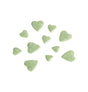 The image shows a sachet containing 3D heart-shaped decorations in sage green color, with sizes of 2 cm and 1.