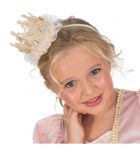 The image shows a gold-colored queen crown headband, designed as a party accessory.