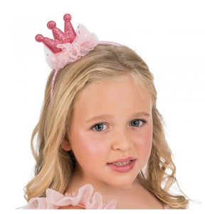 The image shows a pink glittery crown headband, designed as a party accessory.