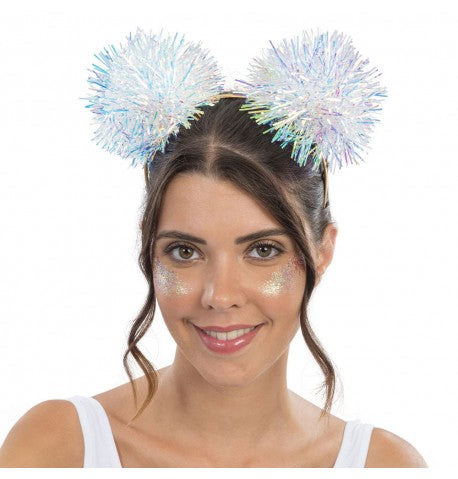 The image shows a headband accessory featuring two iridescent pom-poms attached to springs, designed for party wear.