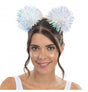 The image shows a headband accessory featuring two iridescent pom-poms attached to springs, designed for party wear.