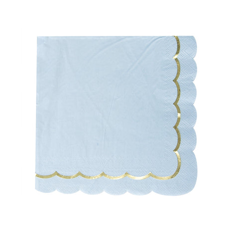 Serviettes festonnées bleu pastel à galon doré en papier FSC 33×33 cm, pack de 16 (18 g), idéales pour baby shower ou anniversaire
