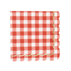 Lot de 16 serviettes festonnées 33x33 cm motif vichy blanc et rouge avec galon doré et bord festonné, serviettes jetables pour décoration de table style guinguette