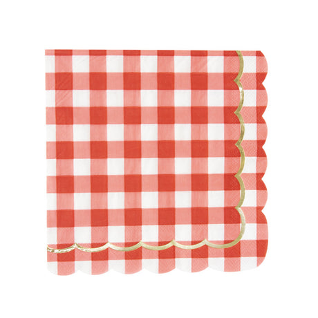 Lot de 16 serviettes festonnées 33x33 cm motif vichy blanc et rouge avec galon doré et bord festonné, serviettes jetables pour décoration de table style guinguette
