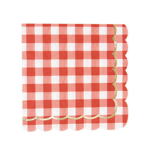 Lot de 16 serviettes festonnées 33x33 cm motif vichy blanc et rouge avec galon doré et bord festonné, serviettes jetables pour décoration de table style guinguette