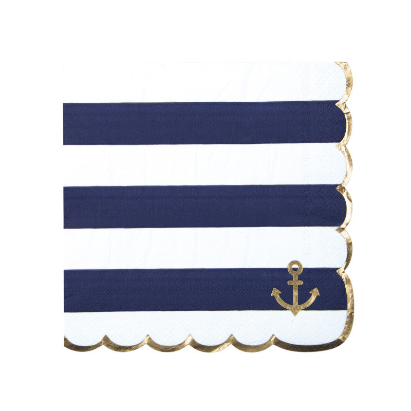 Serviettes papier festonnées 33x33cm motif marinière avec galon doré, 18 g, pack de 16, certifiées FSC, idéales pour fêtes et décorations marines