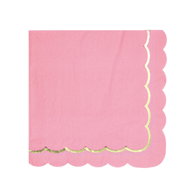 Serviettes festonnées en papier 33x33 cm rose néon avec galon doré, lot de 16, 18 g, idéales pour fêtes et anniversaires