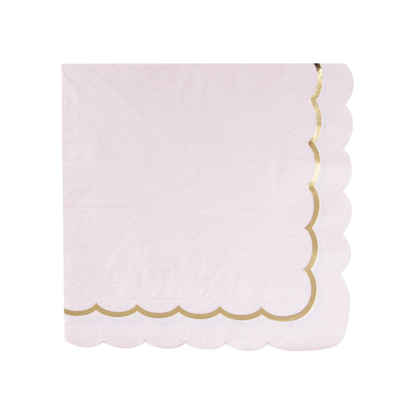 Serviettes festonnées en papier rose pastel 33x33 cm avec galon doré, lot de 16, certifiées FSC, idéales pour baby shower, anniversaire et thème licorne