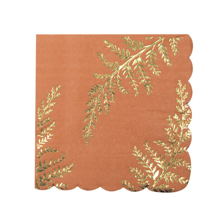 Serviettes festonnées terracotta 33x33 cm à motif fougère doré, 3 plis, paquet de 16, certifiées FSC, serviettes jetables élégantes pour décoration de table