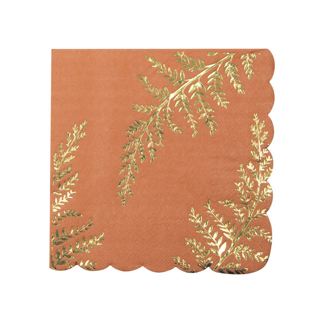 Serviettes festonnées terracotta 33x33 cm à motif fougère doré, 3 plis, paquet de 16, certifiées FSC, serviettes jetables élégantes pour décoration de table