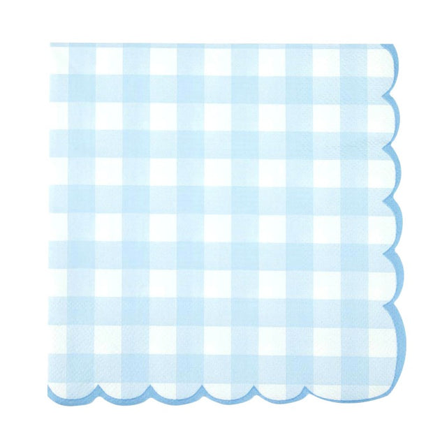 Serviettes en papier festonnées motif vichy bleu pâle 33x33 cm, lot de 16, 18 g, certifiées FSC, idéales pour baby shower et baptême pour décoration de table