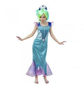 The image shows a children's mermaid costume set, consisting of a dress and an accessory, designed for party or dress-up occasions.