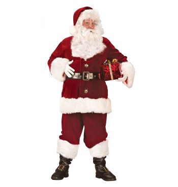 The image shows a person dressed in a deluxe Santa Claus costume, featuring traditional Christmas elements.
