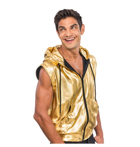The image shows a gold sleeveless hooded vest, likely intended as a costume accessory for parties or themed events.