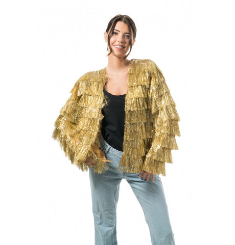 Veste à franges dorée à paillettes – soirée disco & fête – 1 pièce