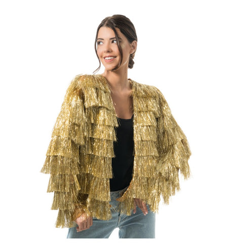 The image shows a gold sequin fringe jacket, likely intended as a costume piece for parties or festive events.