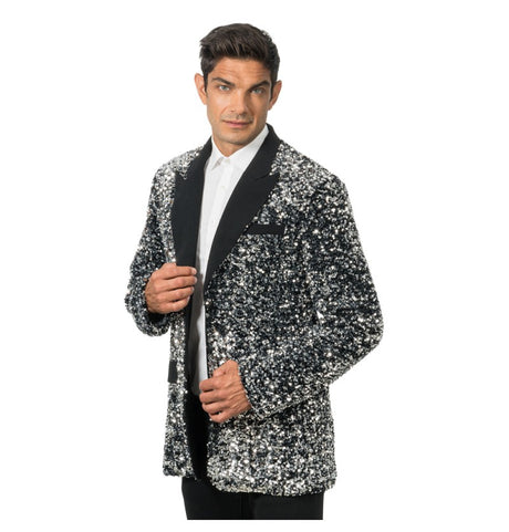 The image shows a black velvet jacket adorned with silver sequins, likely intended as a costume piece for parties or festive events.