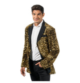 The image shows a black velvet jacket adorned with gold sequins, likely intended as a costume piece for festive or party occasions.