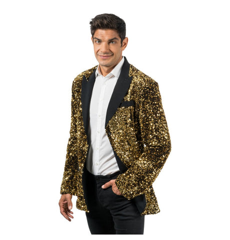 The image shows a black velvet jacket adorned with gold sequins, likely intended as a costume piece for festive or party occasions.