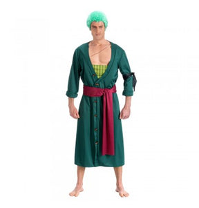 The image shows a Zoro costume set from the anime "One Piece," consisting of two pieces designed for party or cosplay use. The costume includes a green bandana and a green sash, both signature accessories of the character Roronoa Zoro.
