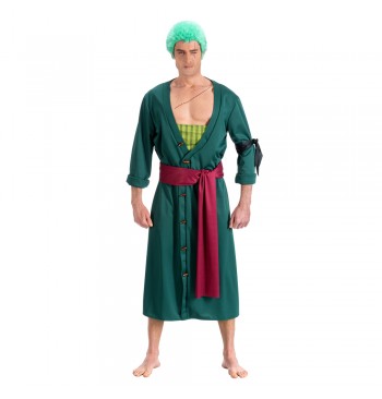 The image shows a Zoro costume set from the anime "One Piece," consisting of two pieces designed for party or cosplay use. The costume includes a green bandana and a green sash, both signature accessories of the character Roronoa Zoro.