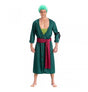 The image shows a Zoro costume set from the anime "One Piece," consisting of two pieces designed for party or cosplay use. The costume includes a green bandana and a green sash, both signature accessories of the character Roronoa Zoro.